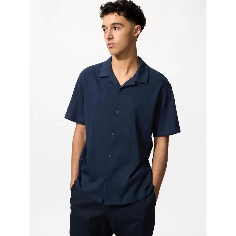 Uniqlo | Men | AIRism Navy Cotton Open Collar SS Button Up Shirt | Small